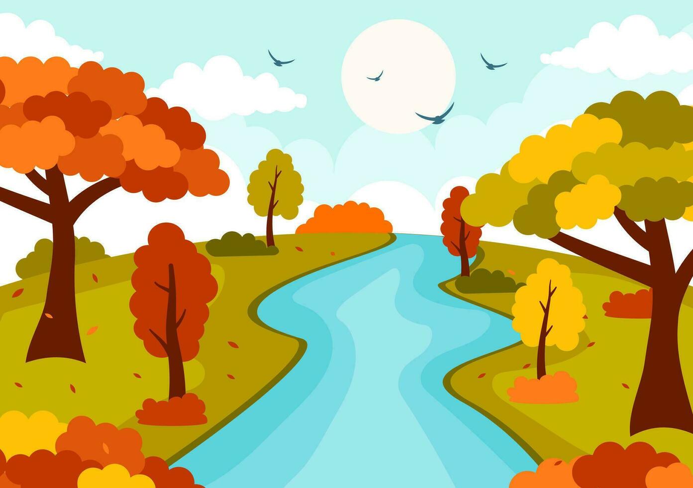 otoño paisaje antecedentes vector ilustración con montañas, campos, arboles y otoño hojas en plano dibujos animados natural temporada panorama plantillas