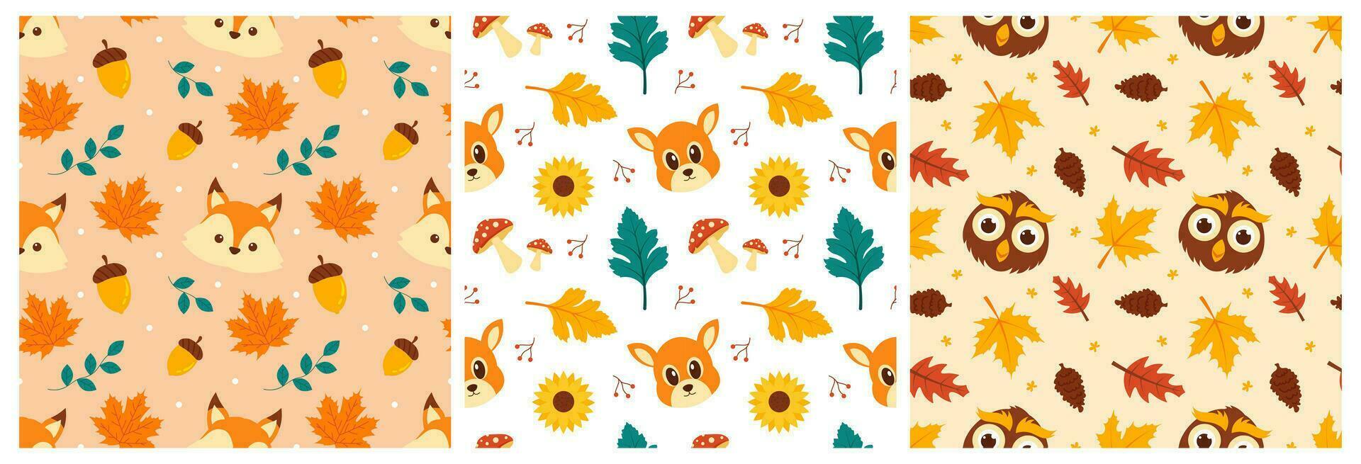 Set of Autumn Season Seamless Pattern Design with Fall Elements in Template Cartoon Flat Illustration vector