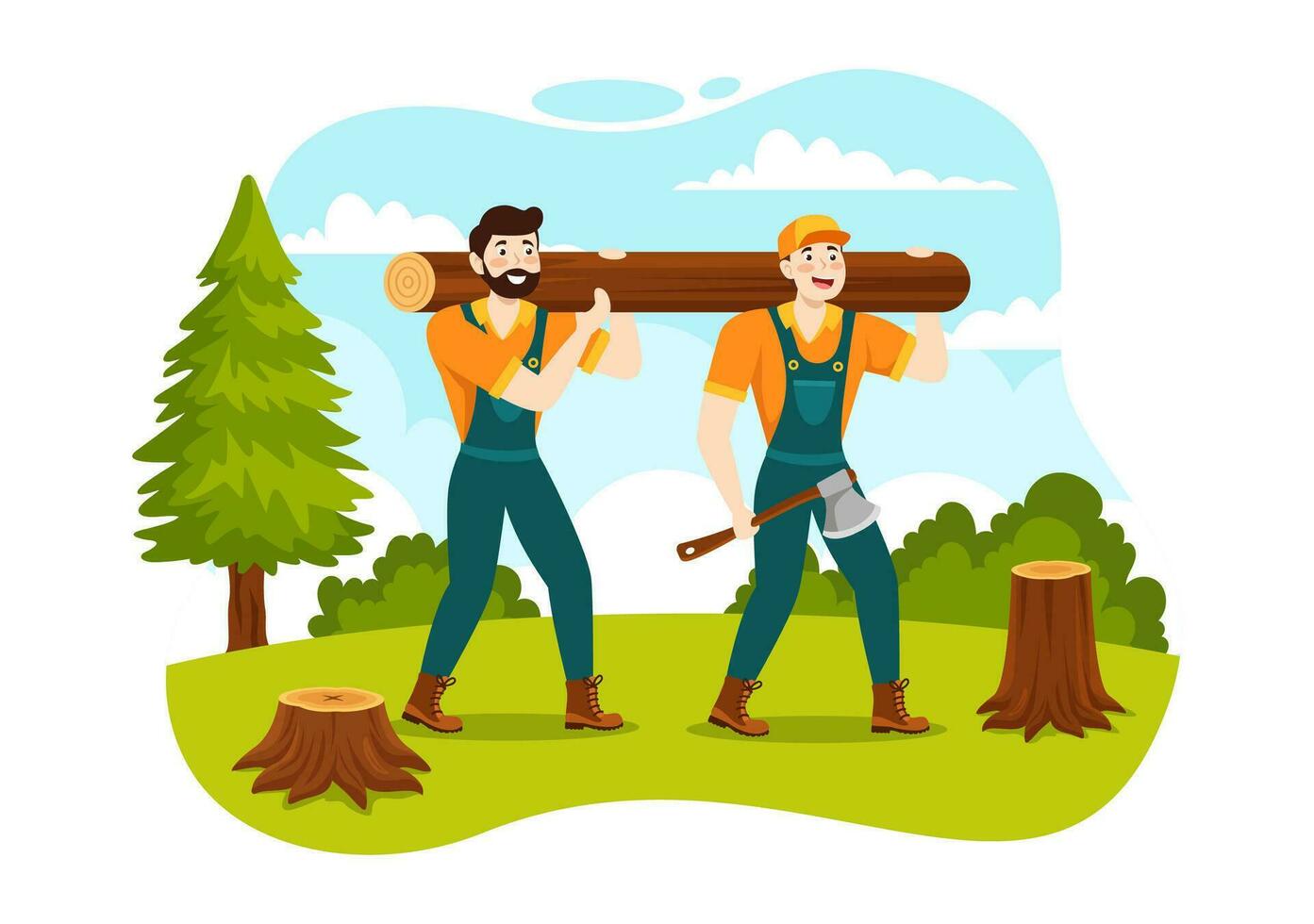 hombres el cortar madera y corte árbol con leñador trabajo equipo maquinaria o motosierra en plano dibujos animados antecedentes plantillas vector ilustración