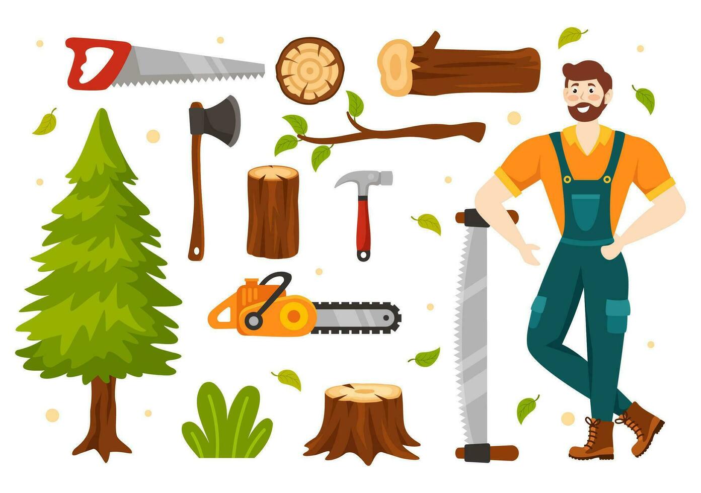 Men Chopping Wood and Cutting Tree with Lumberjack Work Equipment Machinery or chainsaw in Flat Cartoon Background Templates Vector Illustration