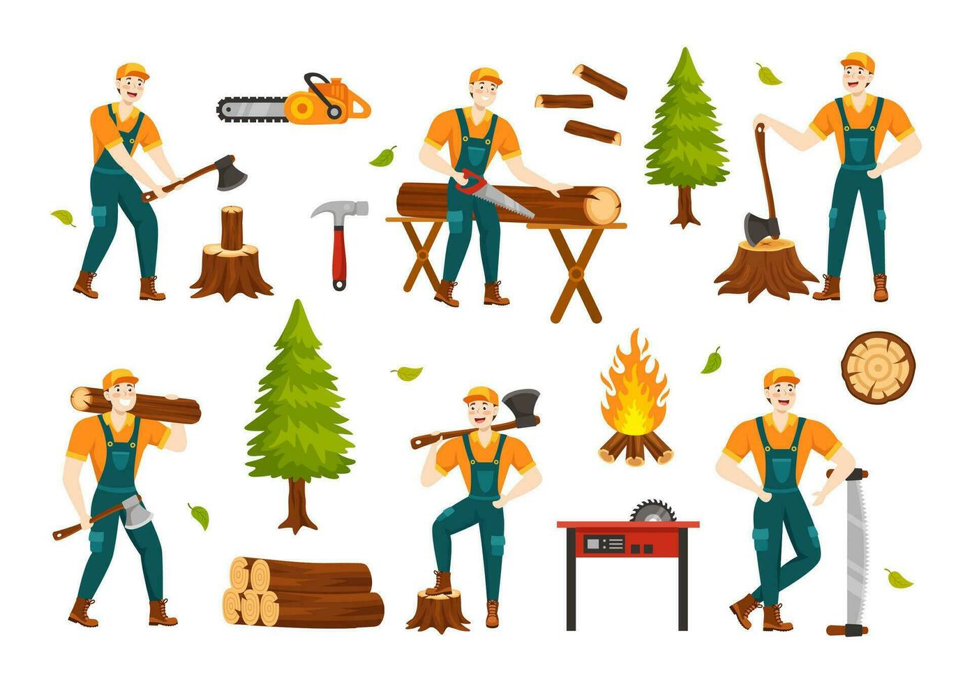 Men Chopping Wood and Cutting Tree with Lumberjack Work Equipment Machinery or chainsaw in Flat Cartoon Background Templates Vector Illustration