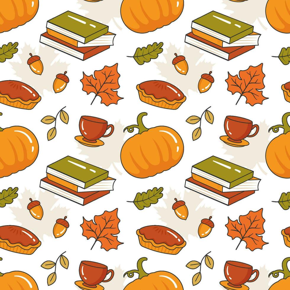 Autumn Season Seamless Pattern Design with Fall Elements in Template Cartoon Flat Illustration vector