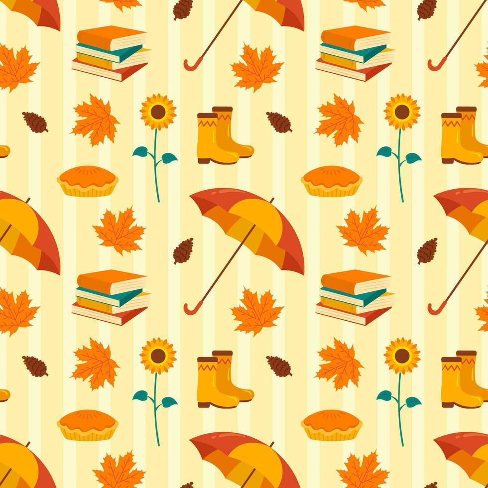 Autumn Season Seamless Pattern Design with Fall Elements in Template Cartoon Flat Illustration vector