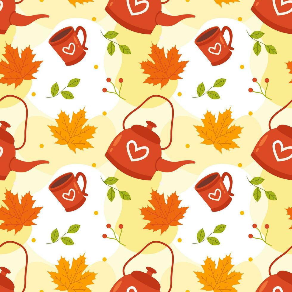 Autumn Season Seamless Pattern Design with Fall Elements in Template Cartoon Flat Illustration vector