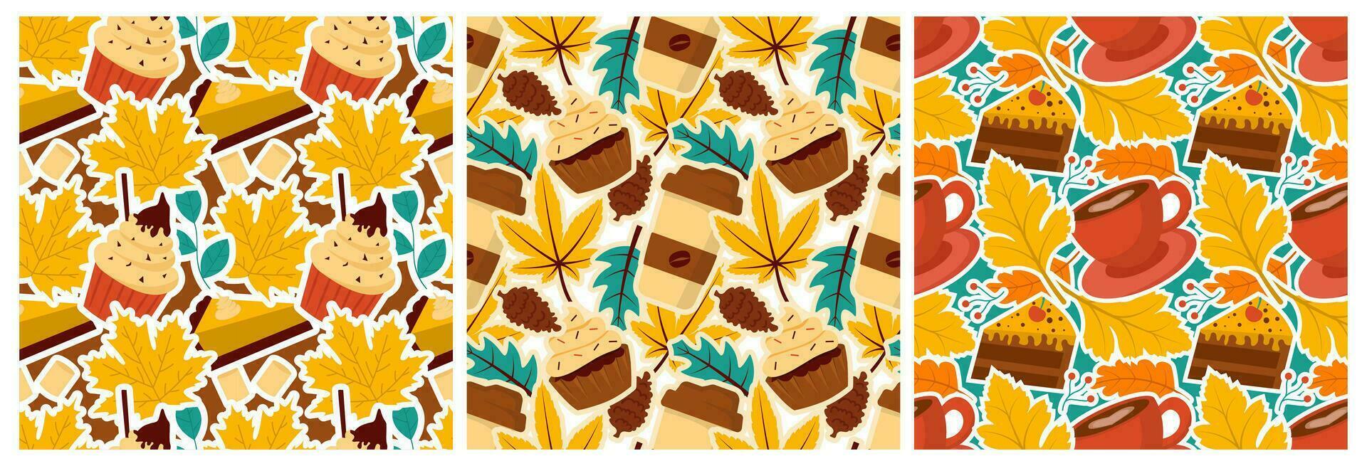 Set of Autumn Season Seamless Pattern Design with Fall Elements in Template Cartoon Flat Illustration vector