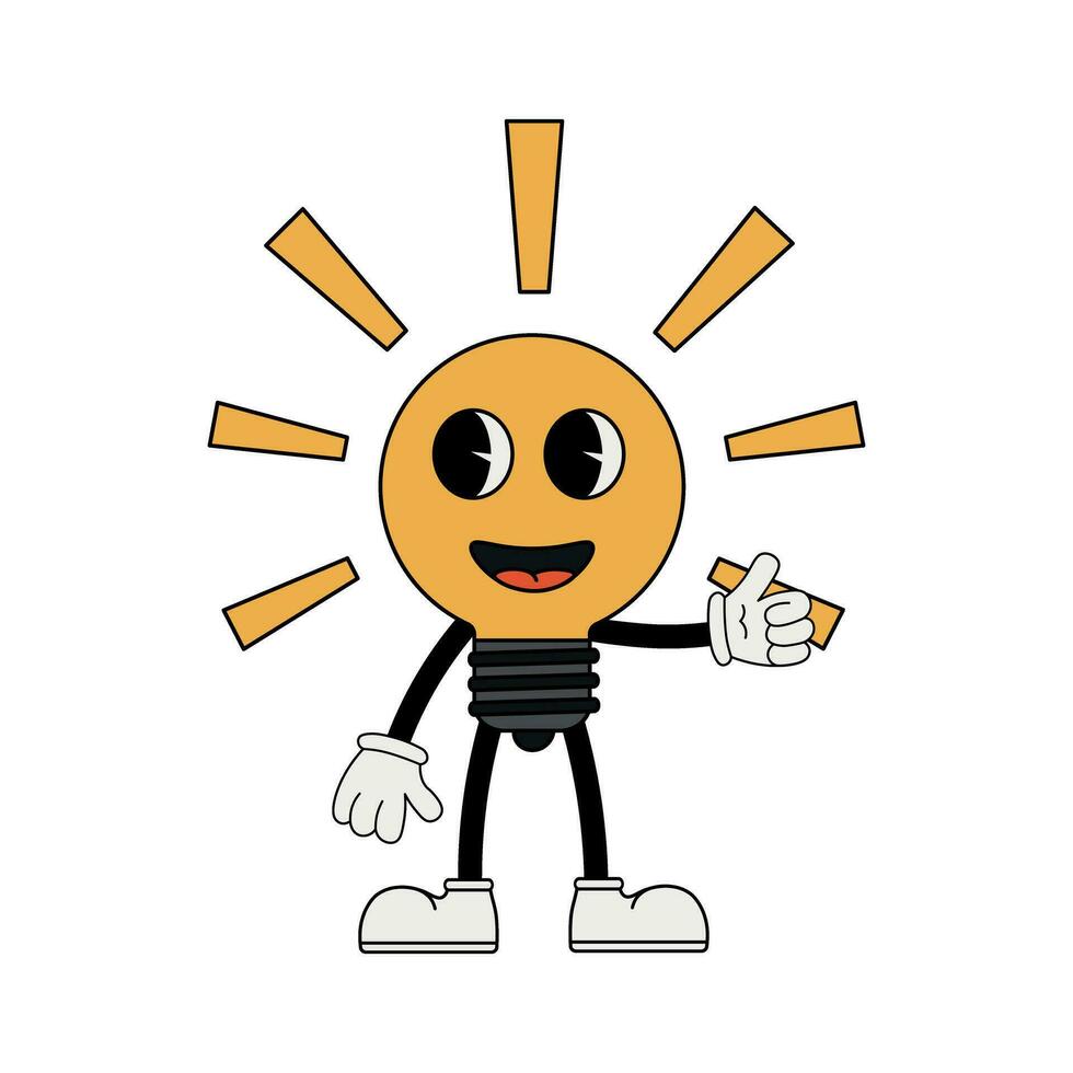 Glowing light bulb character in 70s cartoon style vector