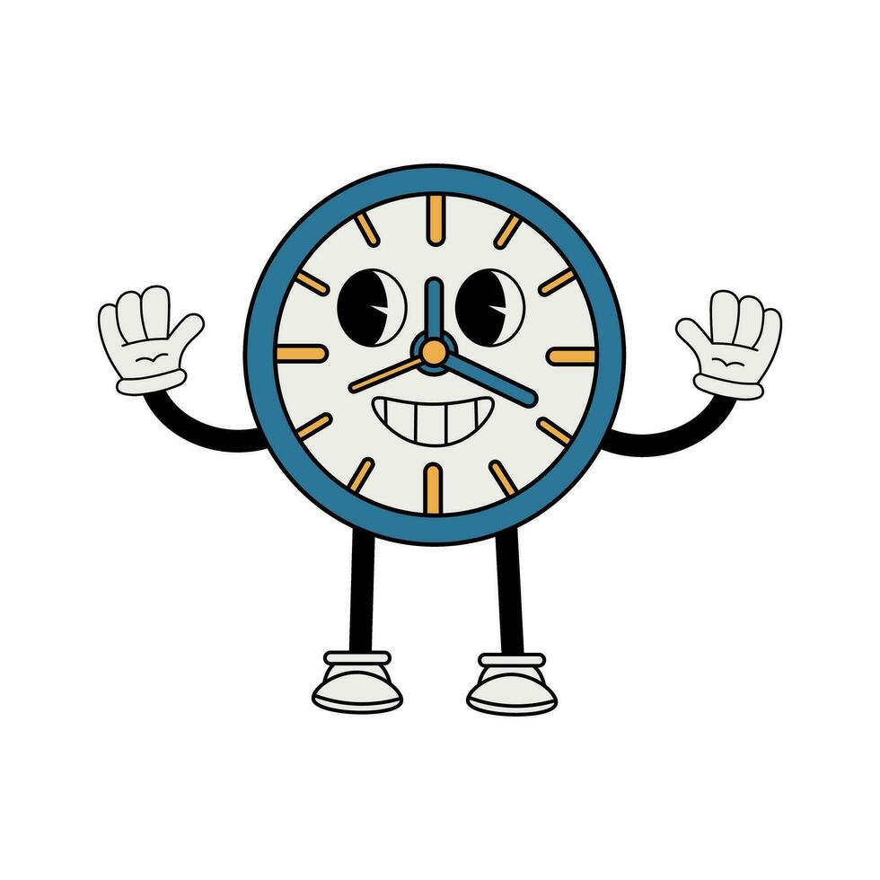 Clock character in 70s cartoon style vector
