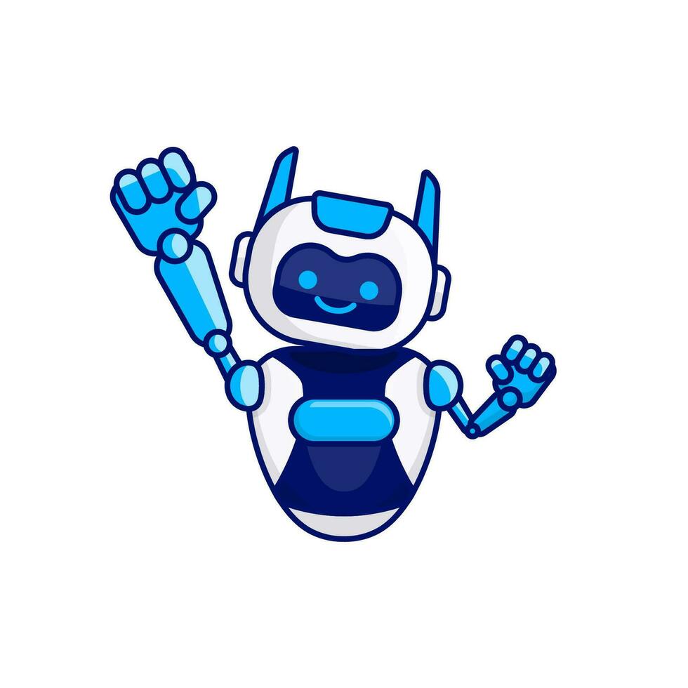 Robot character pose illustration. Happy robot jumping and cheering design vector