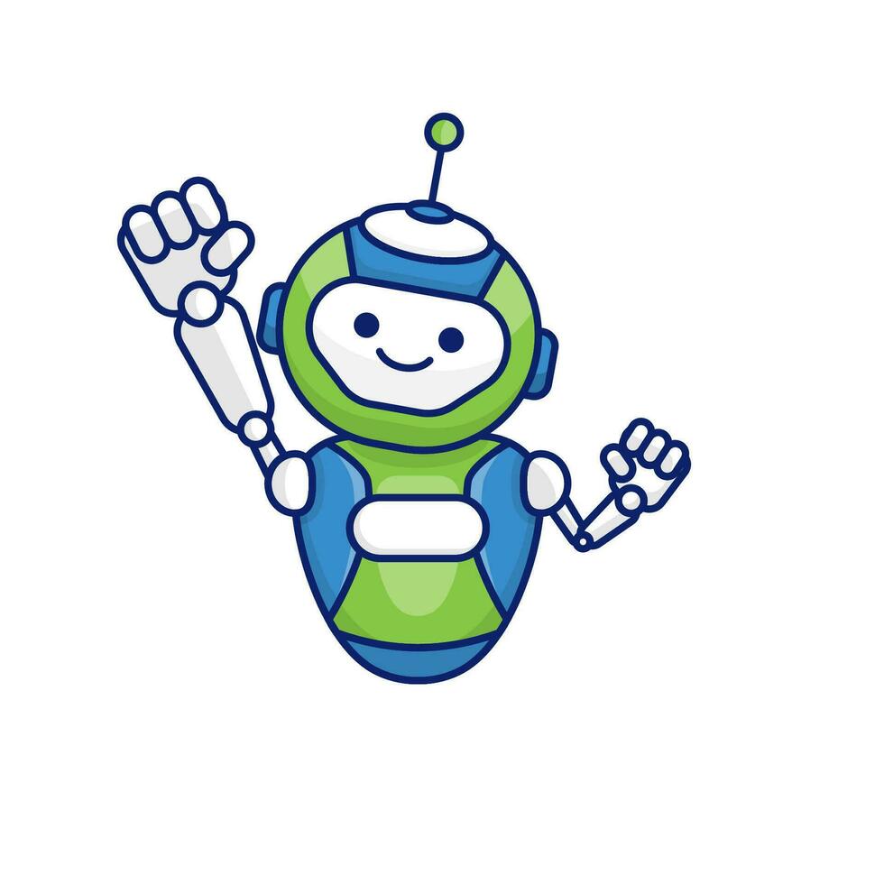 Robot character pose illustration. Happy robot jumping and cheering design vector