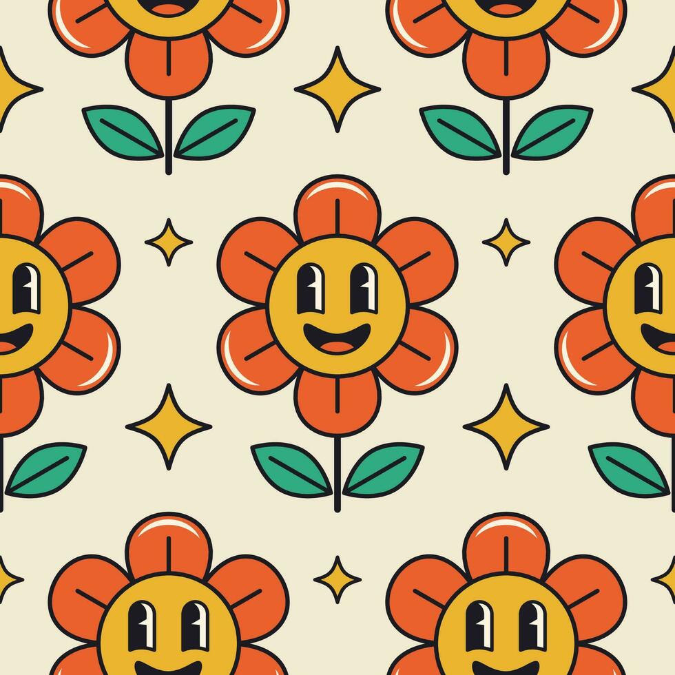 Groovy flower seamless pattern. Retro flower character with a smiling face vector