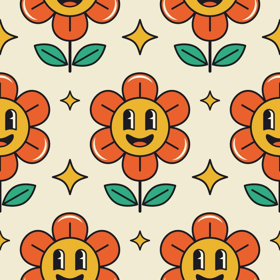 Groovy flower seamless pattern. Retro flower character with a smiling face vector