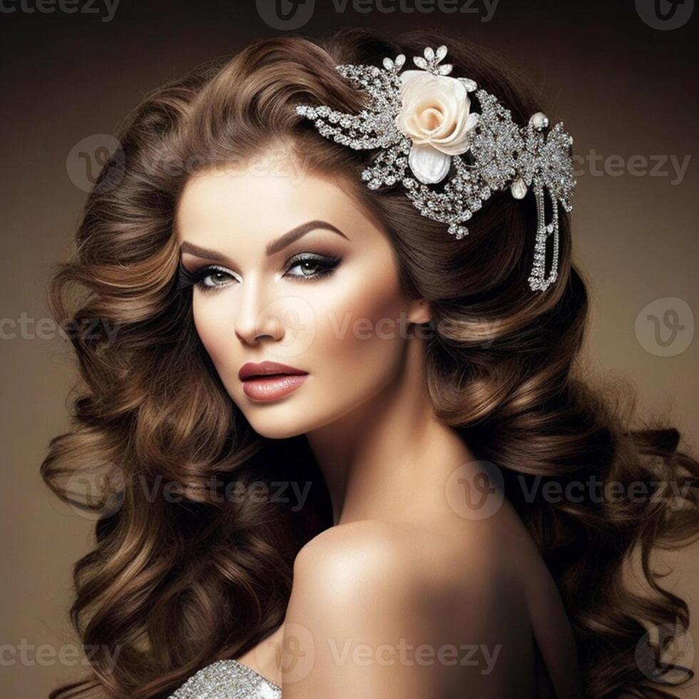 Visualize a glamorous picture of a woman with cascading curls and a sparkling hair accessory, . photo