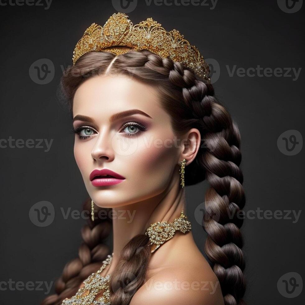 Bring to life a captivating image of a woman with a braided crown hairstyle, exuding elegance and grace, . photo