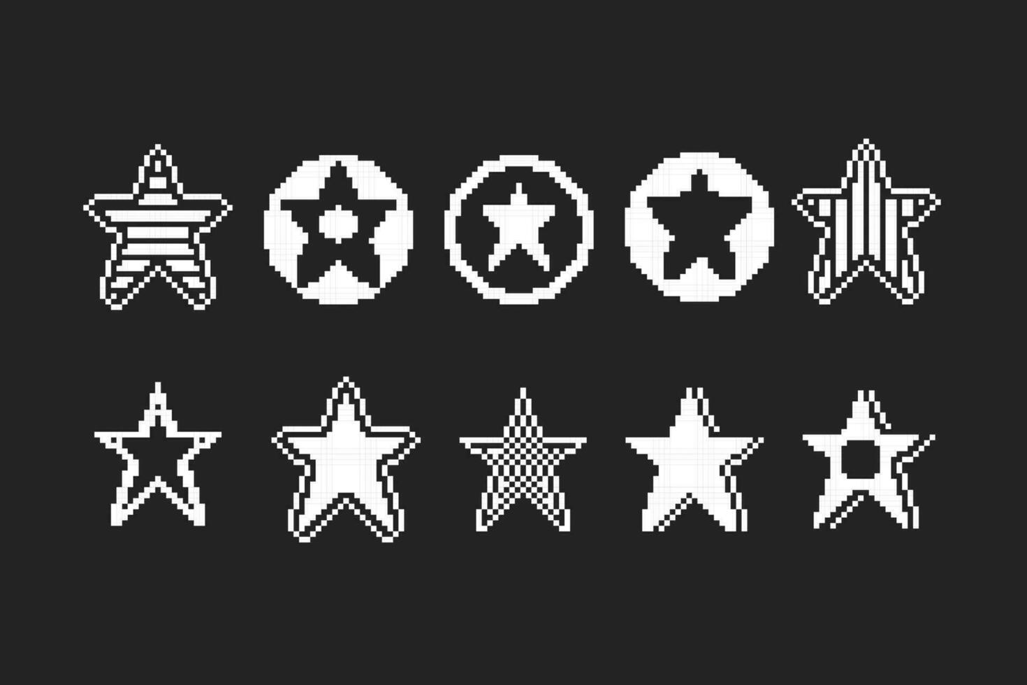 negro y blanco estrella colección conjunto en píxel Arte estilo vector