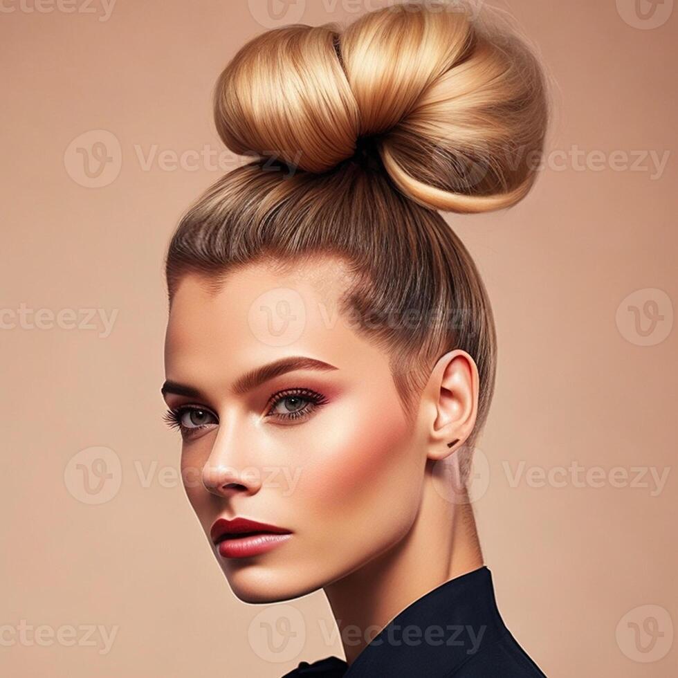 Envision a mesmerizing photograph of a woman with a stylish top knot, radiating confidence and charm, . photo