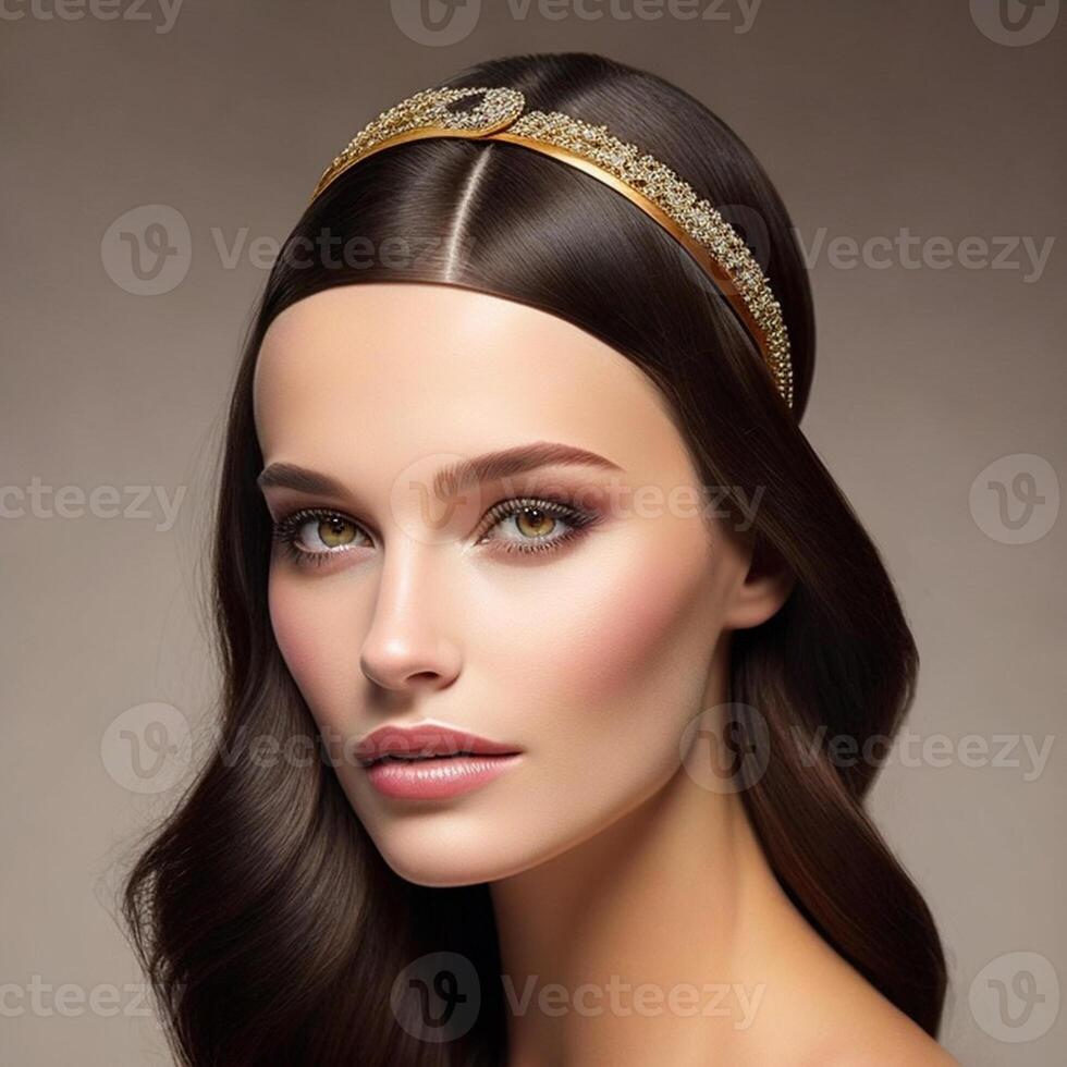 Design a stunning image showcasing a woman with sleek, straight hair, accentuated by a chic headband, . photo