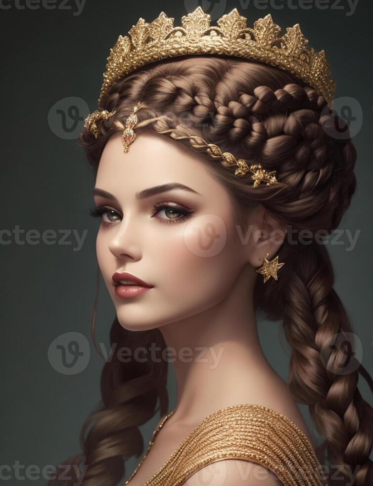 Bring to life a captivating image of a woman with a braided crown hairstyle, exuding elegance and grace, . photo