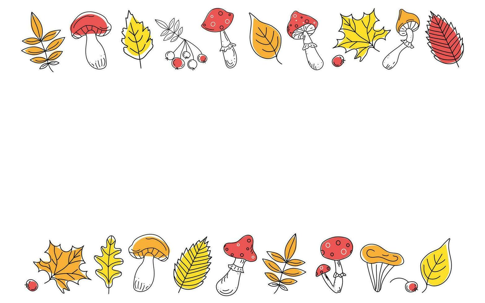 otoño conjunto hojas, hongos y bayas. frontera marco. sitio para texto. mosca agárico, serbal rama, arce hoja, garabatear, dibujos, bosquejo. vector ilustración en color lugares. antecedentes blanco aislado.