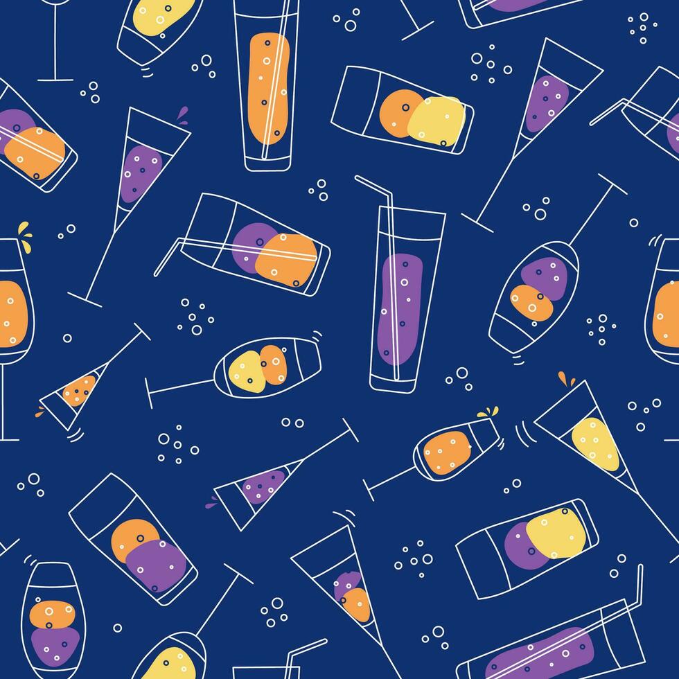 Pattern Glasses for wine. Wine glass. Glass goblets with alcoholic drinks. Champagne, holiday. Doodle style. Seamless background. Vector graphics.