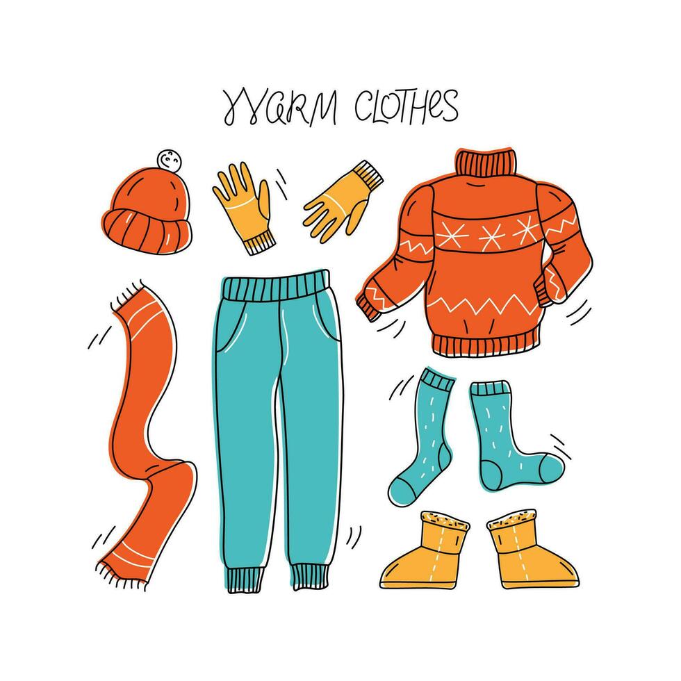 Winter warm knitted clothes. Sweater, trousers, hat, scarf, socks, gloves and fur boots with inscription. Cozy warm clothes, woolen suit. Fashion knitwear. Linear vector sketch icon Seasonal design.