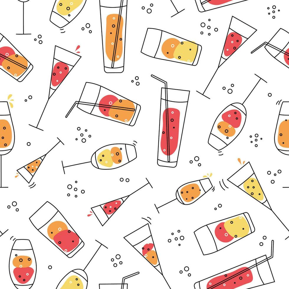 Pattern Glasses for wine. Wine glass. Glass goblets with alcoholic drinks. Champagne, holiday. Doodle style. Seamless background. Vector graphics.
