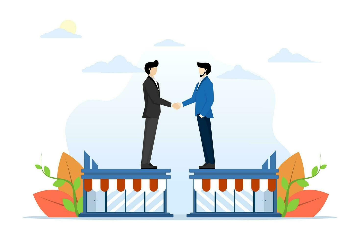 B2B concept, business to business sale agreement, company trade, contractor or supplier trade between companies, business owner handshake in company shop for B2B agreement. flat vector illustration.