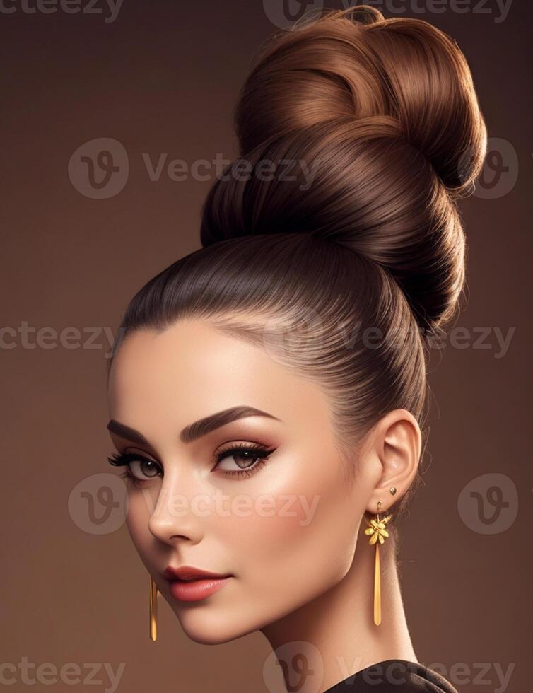Envision a mesmerizing photograph of a woman with a stylish top knot, radiating confidence and charm, . photo
