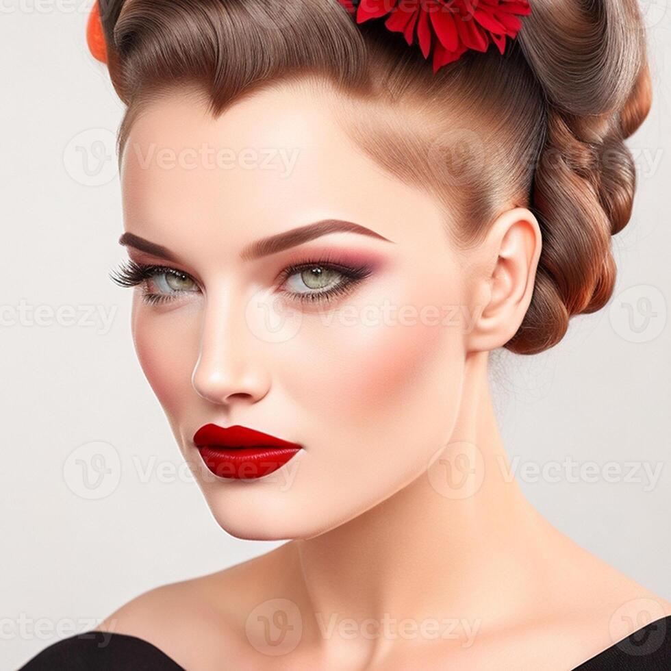 a woman with a retro-inspired victory roll hairstyle, classic beauty. . photo