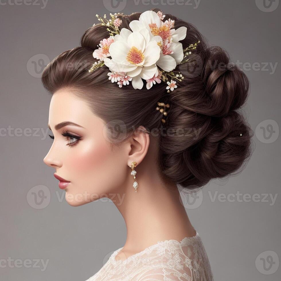 crear un elegante imagen de un mujer con un clásico updo peinado, adornado con delicado flores, generativo ai. foto