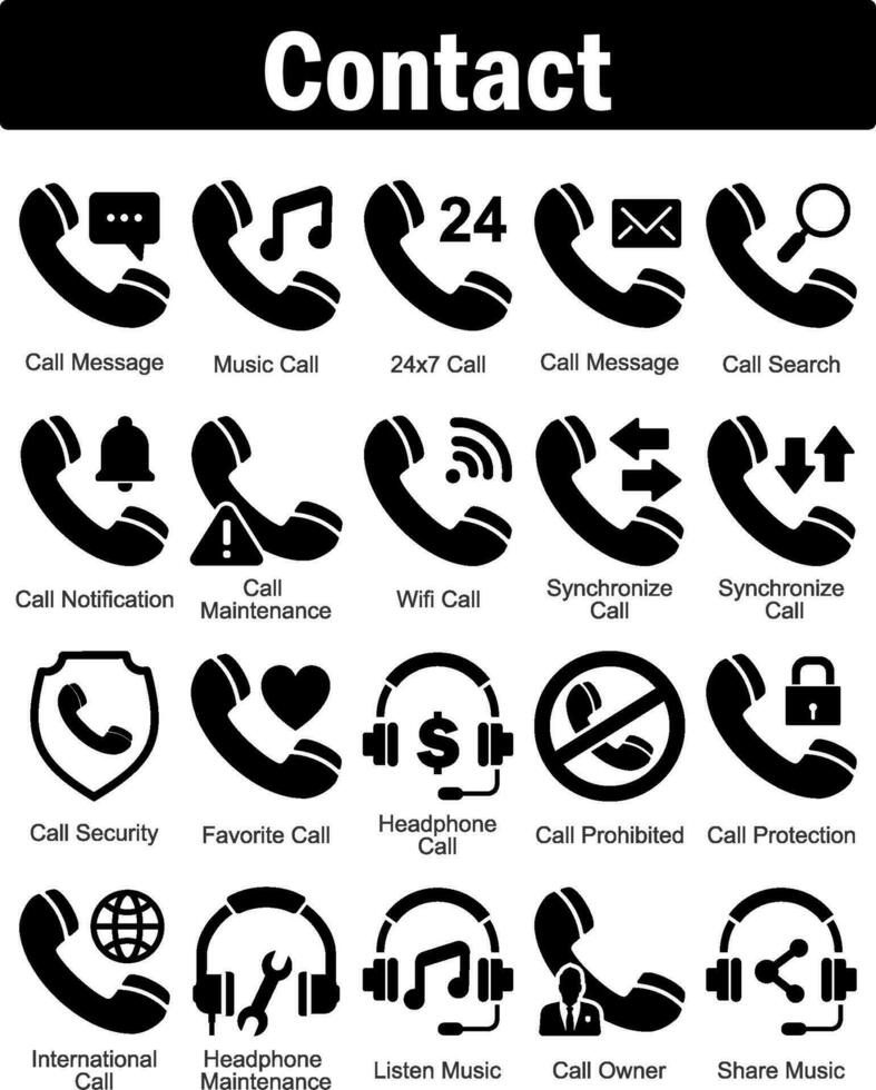 A set of 20 contact icons as call message, music call, 24x7 call vector
