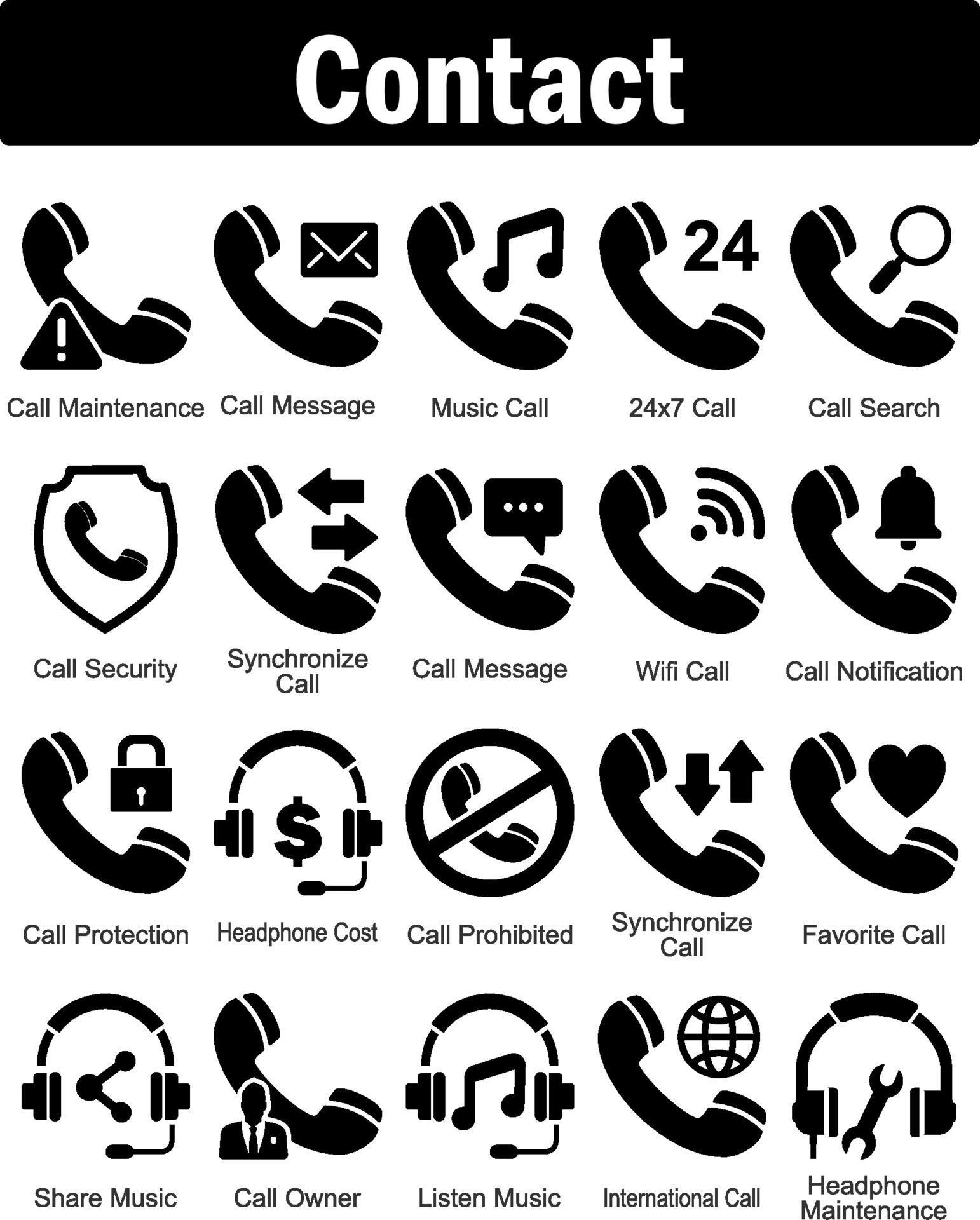 A set of 20 contact icons as call maintenance, call message, music call