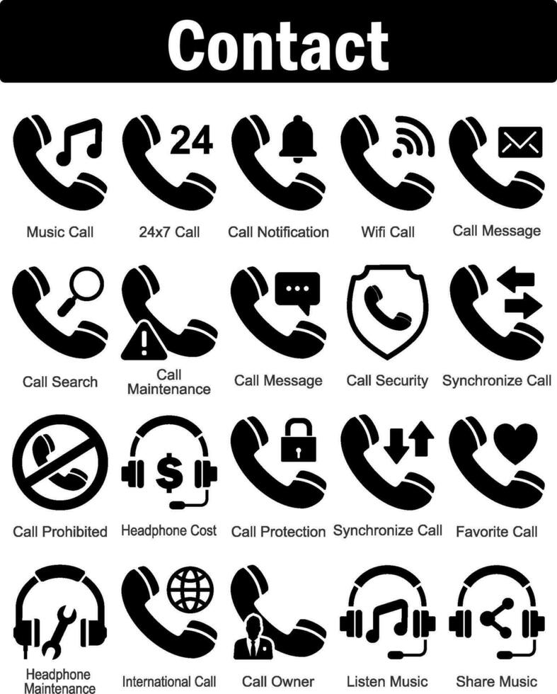 A set of 20 contact icons as music call, 24x7 call, call notification vector