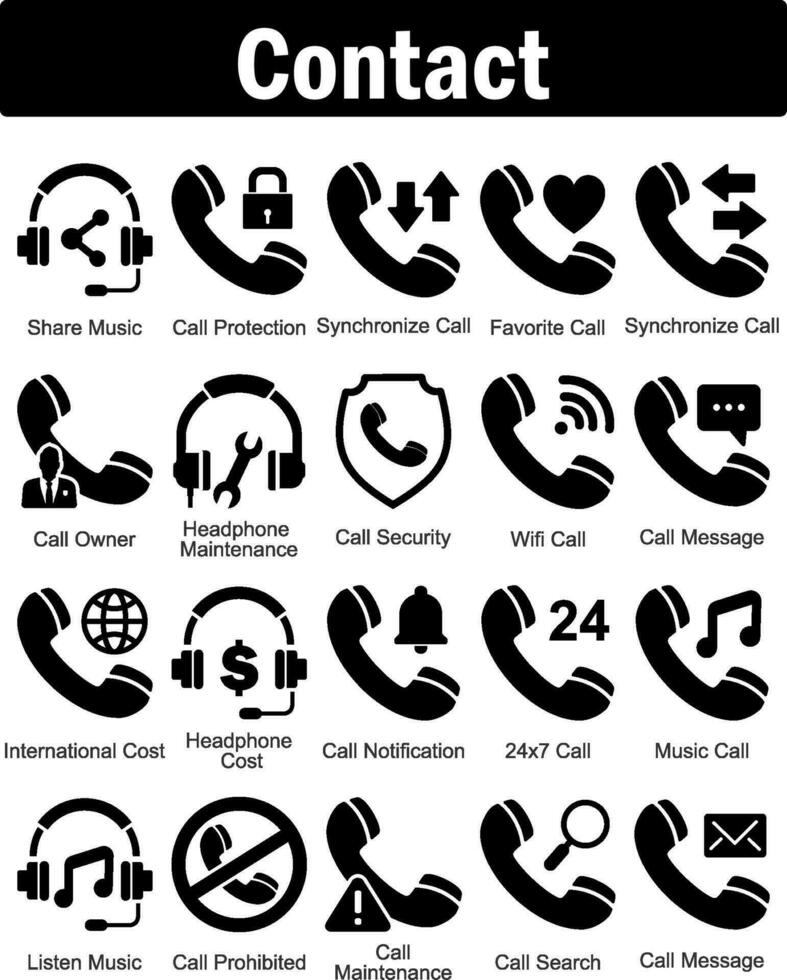 A set of 20 contact icons as share music, call protection, synchronize call vector