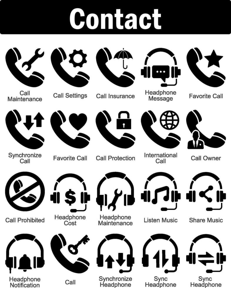 A set of 20 contact icons as call maintenance, call settings, call insurance vector