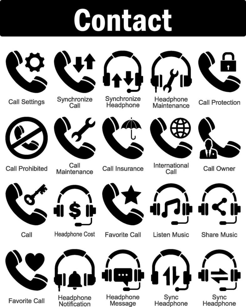 A set of 20 contact icons as call settings, synchronize call, synchronize headphone vector