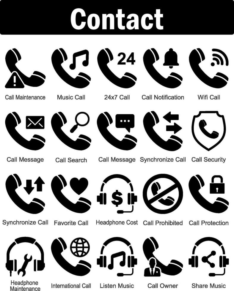 A set of 20 contact icons as call maintenance, music call, 24x7 call vector