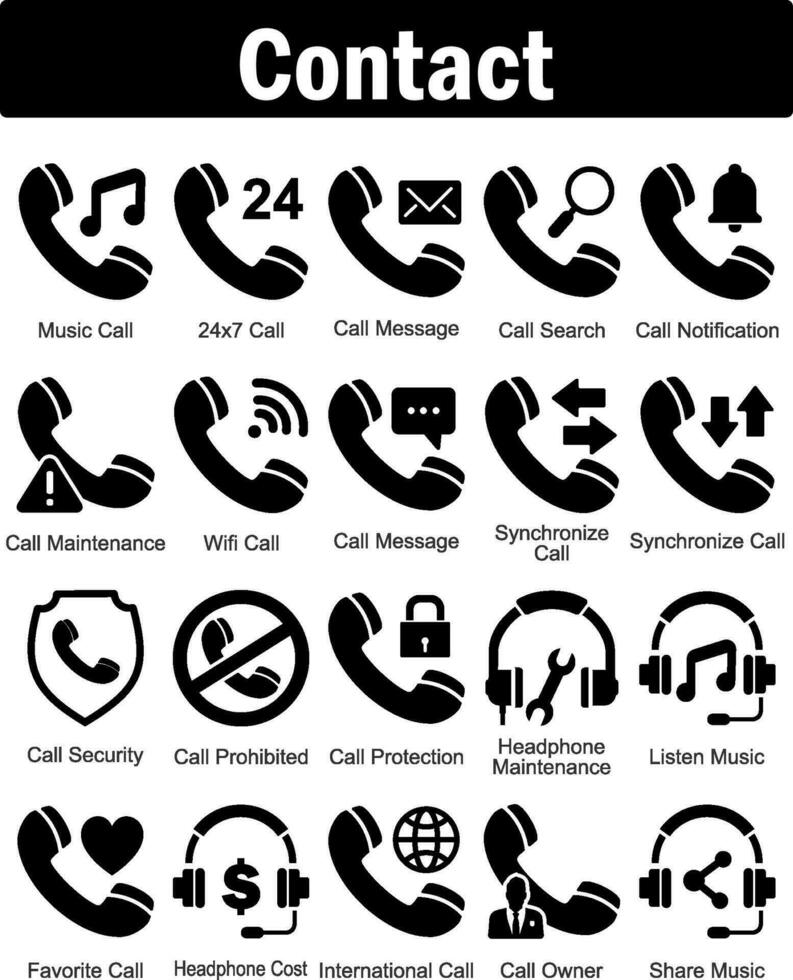 A set of 20 contact icons as music call, 24x7 call, call message vector