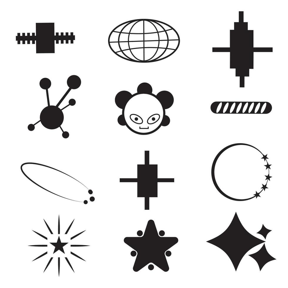PrPoster templates, stars, flowes, circles, graphic design, and stickers, In Y2k style. Graphic design elements Vector.int vector
