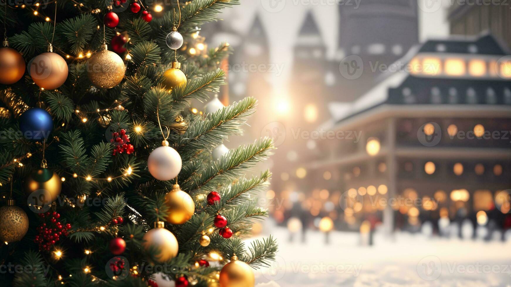 Christmas tree in the city. People on a blurred background. Generative AI photo