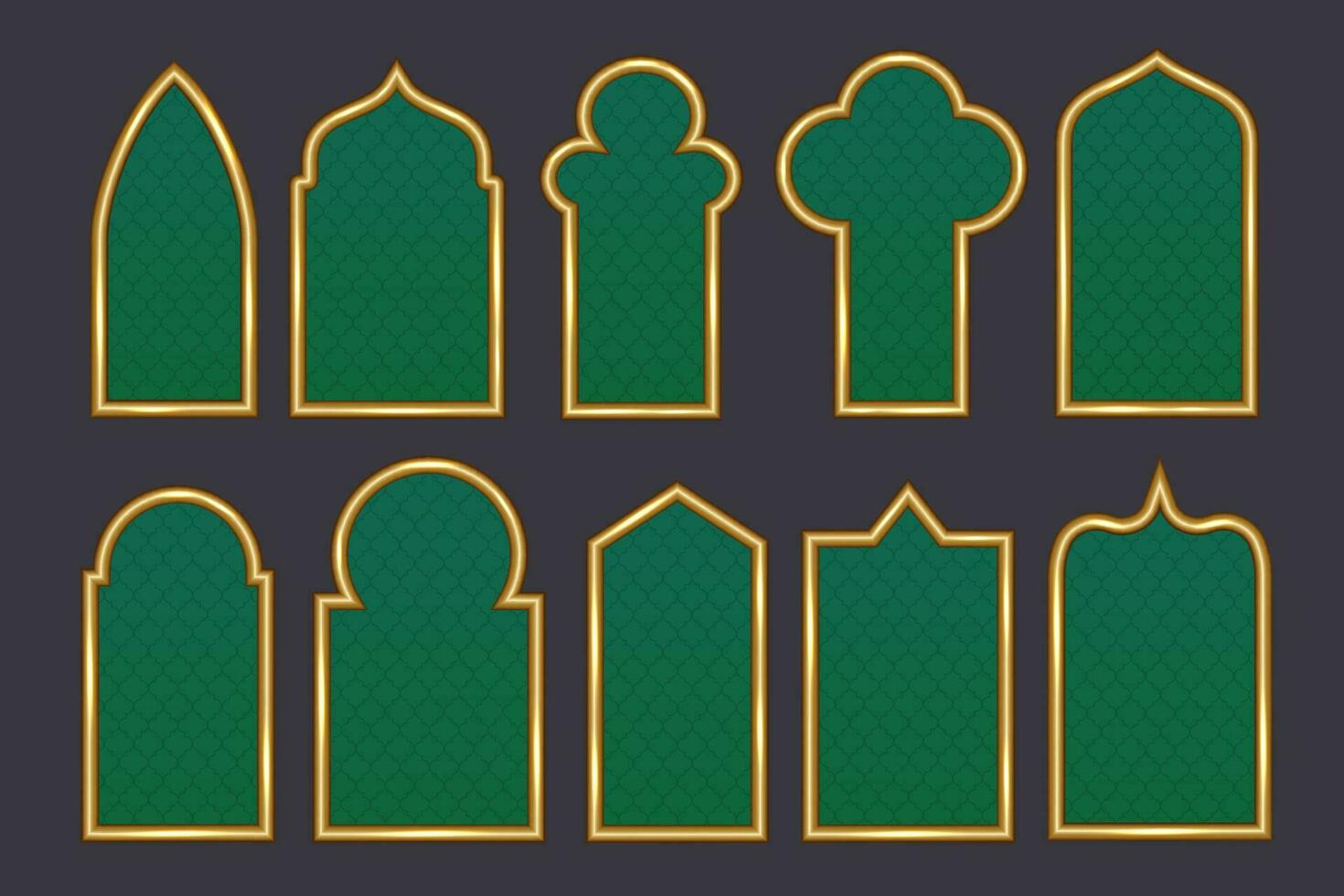 Ramadan window frame shapes. Islamic golden arches. Muslim mosque elements of architecture with ornament. Turkish gates and doors set. Vector