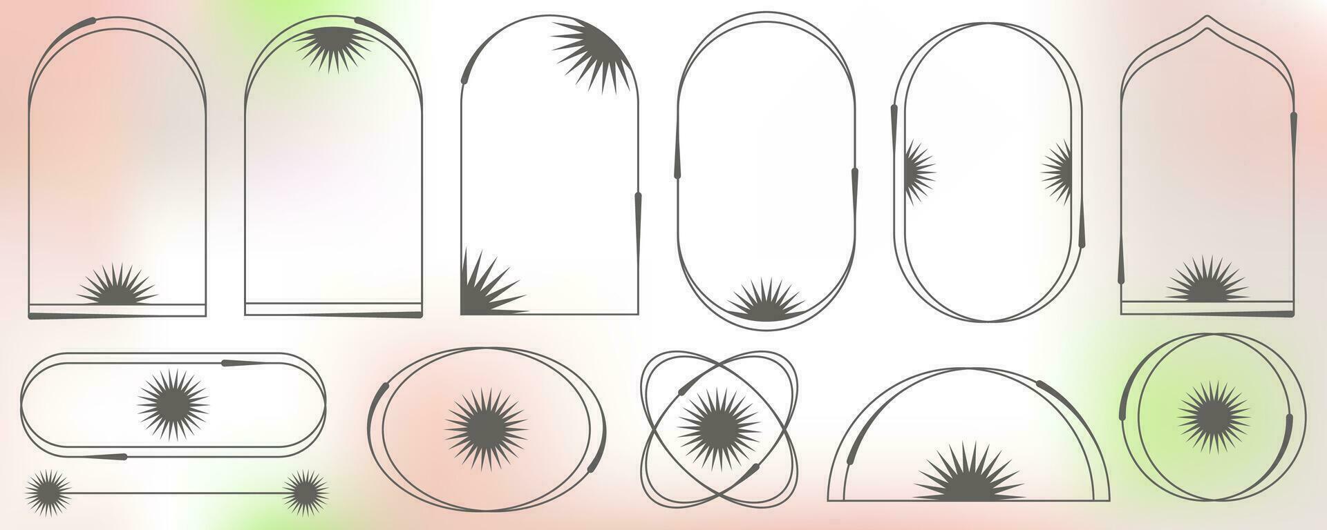 Aesthetic frames and shapes with stars. Minimal y2k outline graphic design with sparkles. Abstract minimalistic arches borders. Trendy boho geometric templates set. Vector illustration.