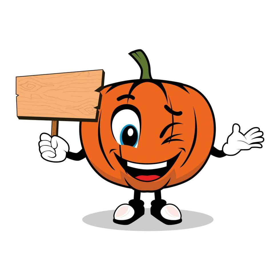 Smiling Pumpkin Cartoon Mascot Holding Up A Blank Wood Sign vector
