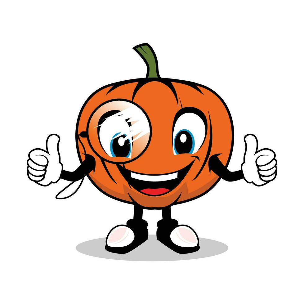 sonriente calabaza dibujos animados mascota con lentes dando pulgares arriba vector