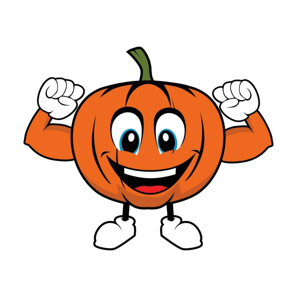 smilling calabaza mascota con músculo brazos vector