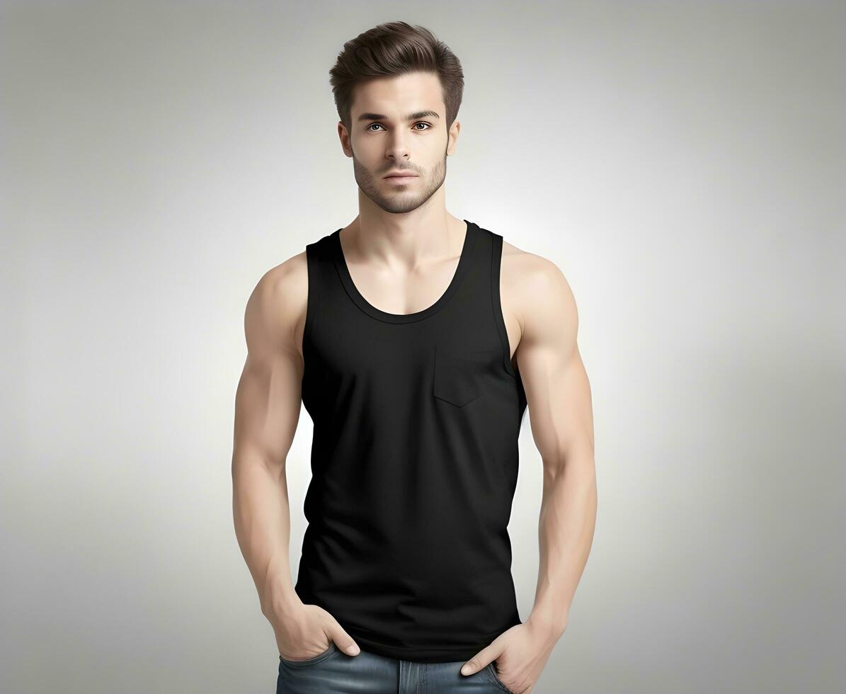 Young man wearing blank black tank top mockup print presentation mockup ai generate photo
