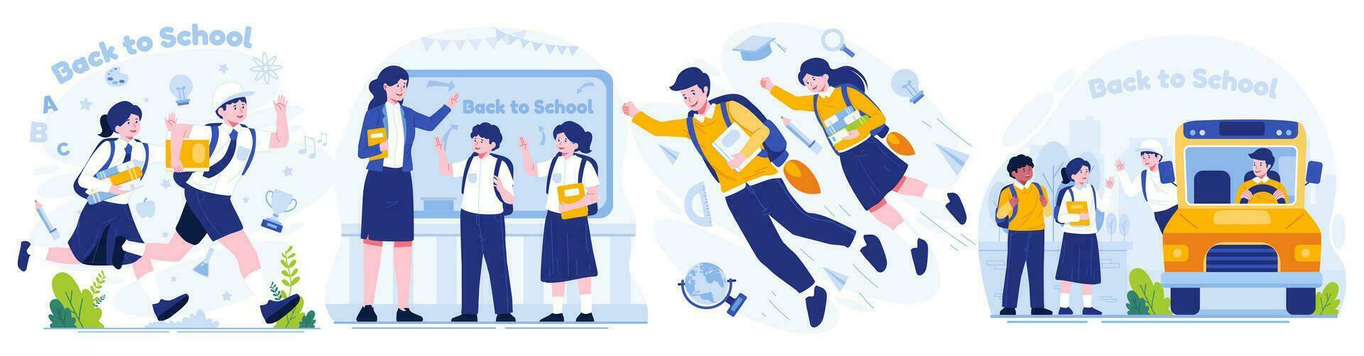 Illustration Set of Back to School. Cute School Boy and School Girl. Students are happy to go Back to School. Flat-style vector illustration