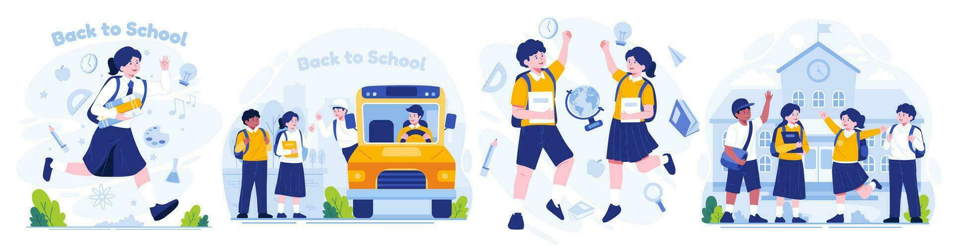 ilustración conjunto de espalda a escuela. linda colegio chico y colegio muchacha. estudiantes son contento a Vamos espalda a escuela. estilo plano vector ilustración