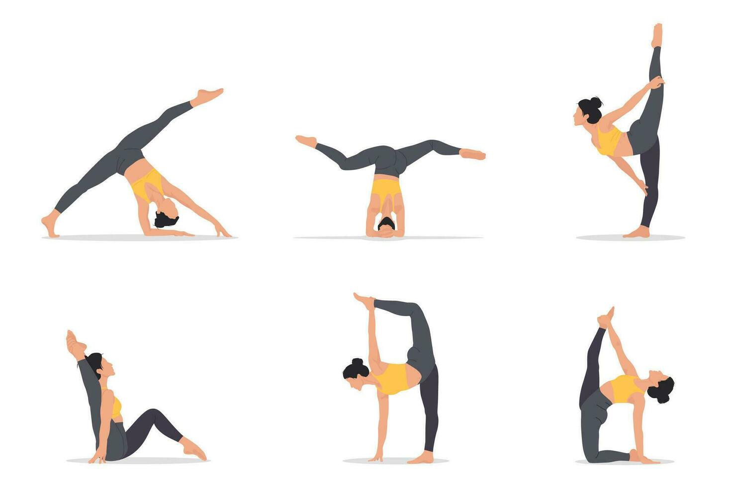 Set of backbend and split poses. Woman demonstrating yoga pose. Female yogini. Hip opener. Vector illustration isolated on the white background