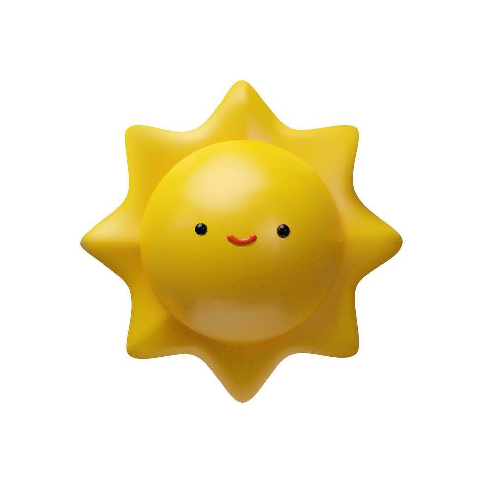 3D render bright sun. Mascot kawaii space character. Weather vector illustration in clay style. Realistic emoticon for kids. Sunny day weather forecast. Warm climate sign for children education