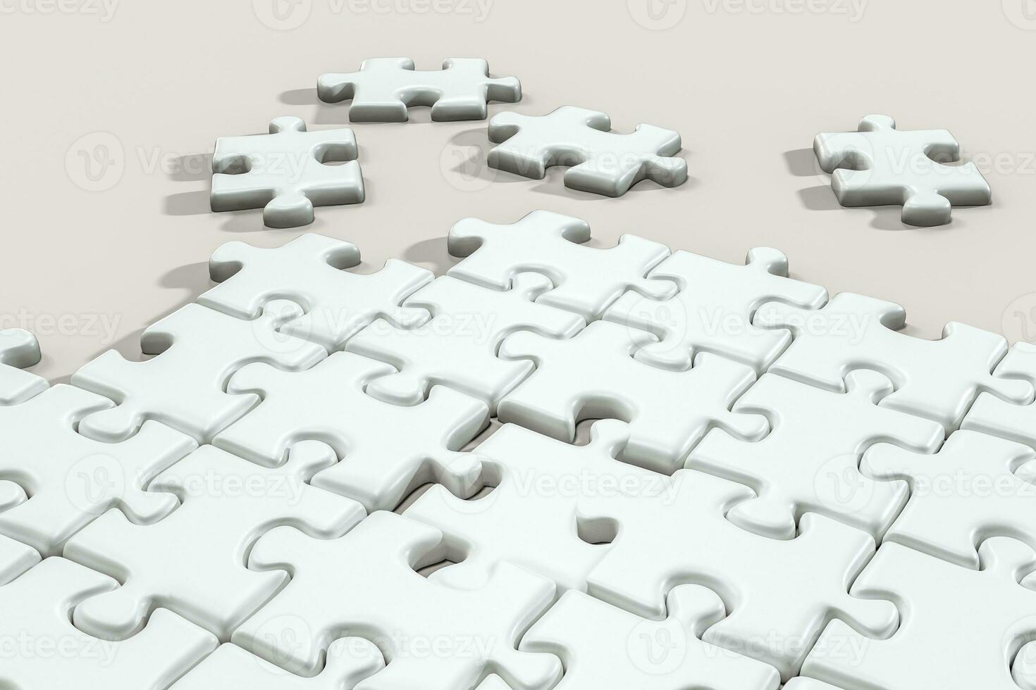 Scattered blank puzzles with white background, 3d rendering. photo